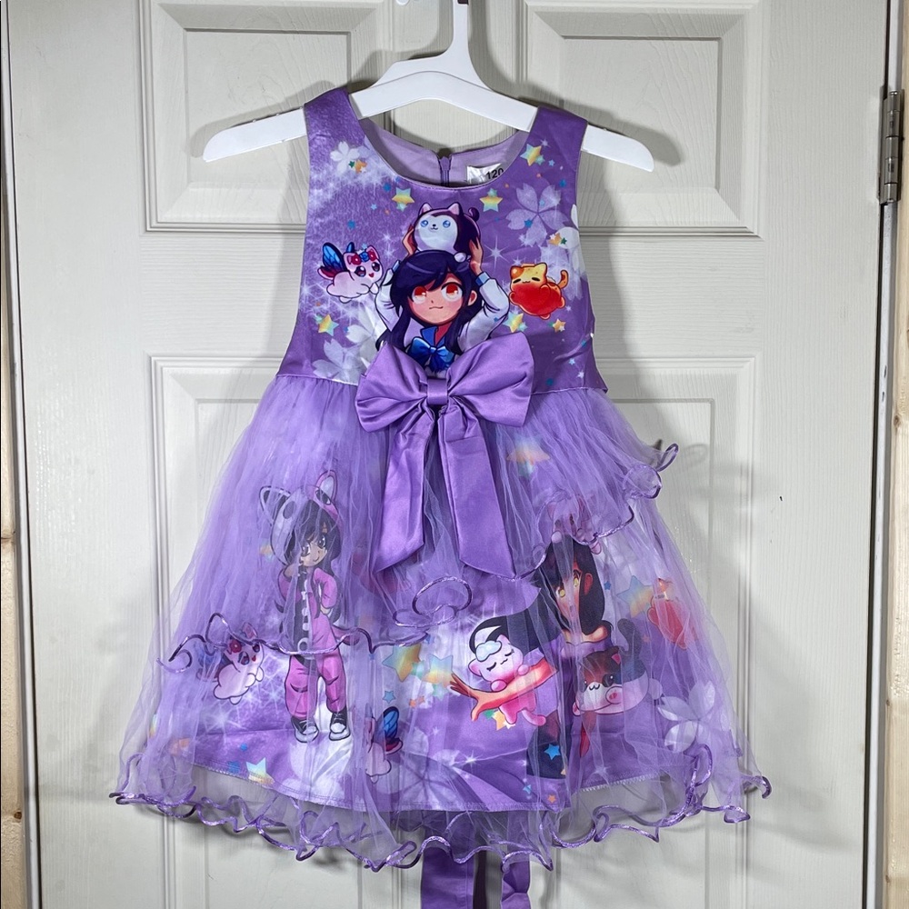 Purple Character Print Tulle Kids  Dress with Bow